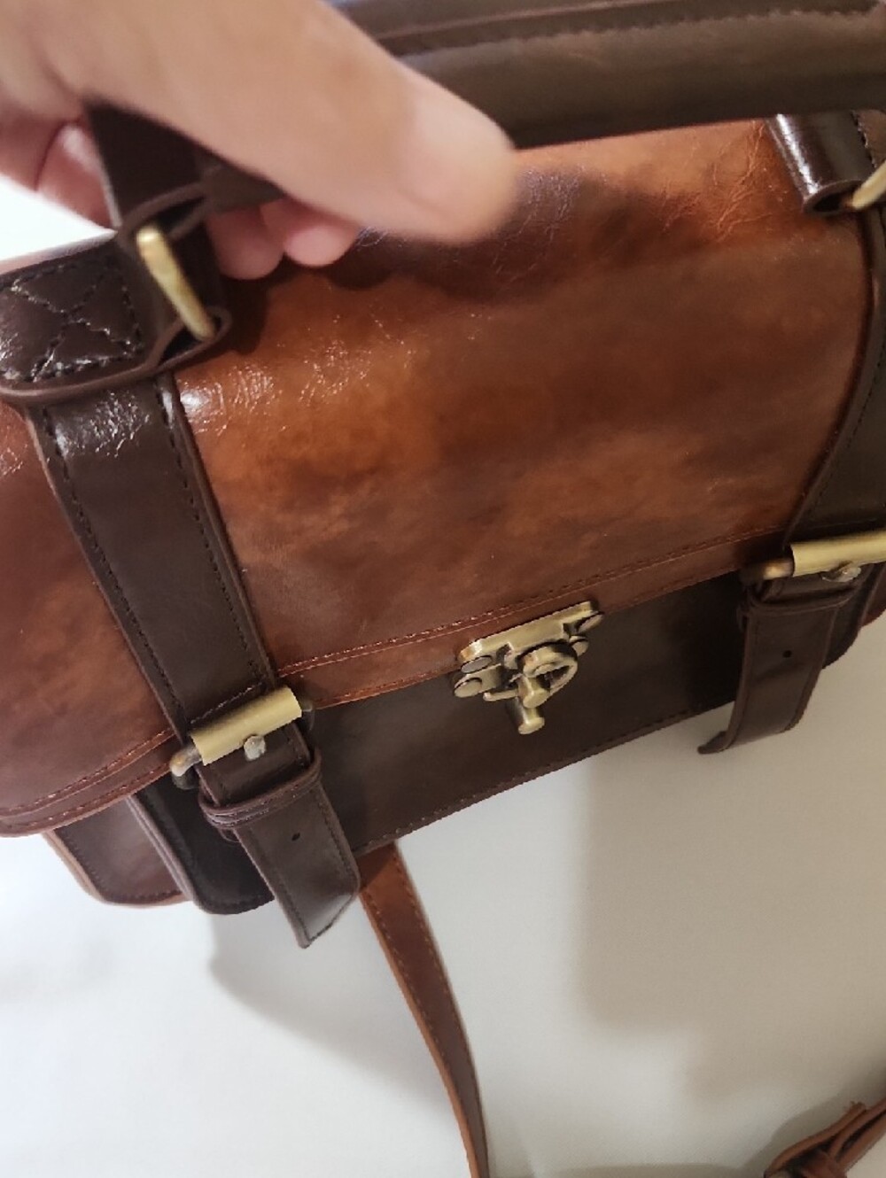 Two-Tone Brown Leather Satchel with Adjustable Strap - Picture 7 of 16